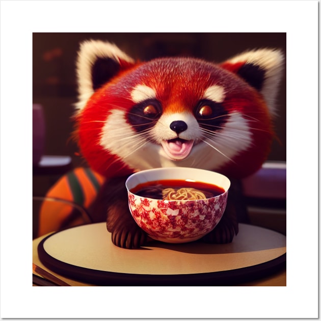 Kawaii Red Panda Eating Ramen Wall Art by Grassroots Green